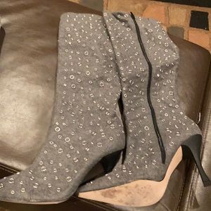 Knee high grey boots with silver ring detail